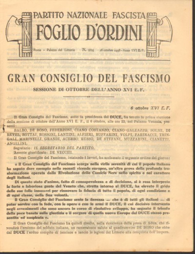 Partito Nazionale Fascista Lotto Foglio d'Ordini 1938 Fascismo Mussolini 